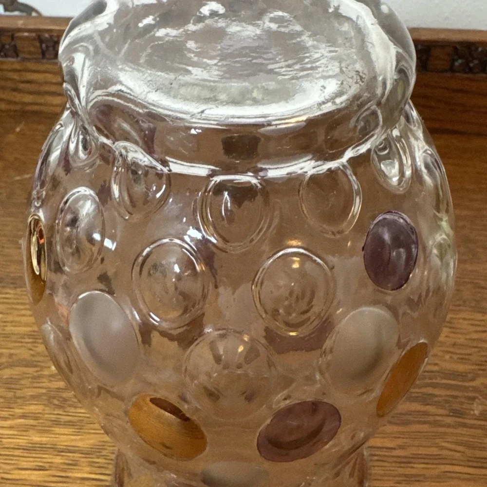 Mid Century Bohemian Art Glass Vase Amber Purple Frosted Coin Dot Thumbprint 8